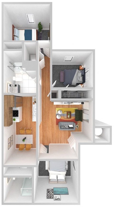 A 3D floor plan of a small apartment with a kitchen, living room, and bathroom.